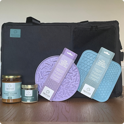 The Complete KalmDen Collection | Sound-Absorbing Dog Den, 2 Lick Mats + Peanut & Cashew Butters