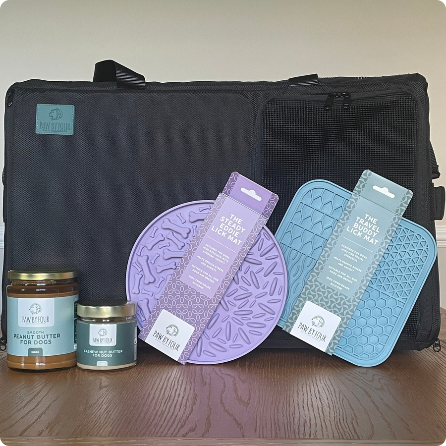 The Complete KalmDen Collection | Sound-Absorbing Dog Den, 2 Lick Mats + Peanut & Cashew Butters