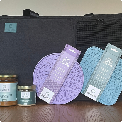 The Complete KalmDen Collection | Sound-Absorbing Dog Den, 2 Lick Mats + Peanut & Cashew Butters