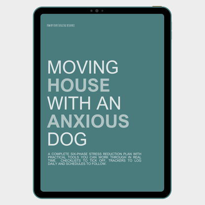 Tablet displaying a book cover titled 'Moving House with an Anxious Dog' on a teal background.