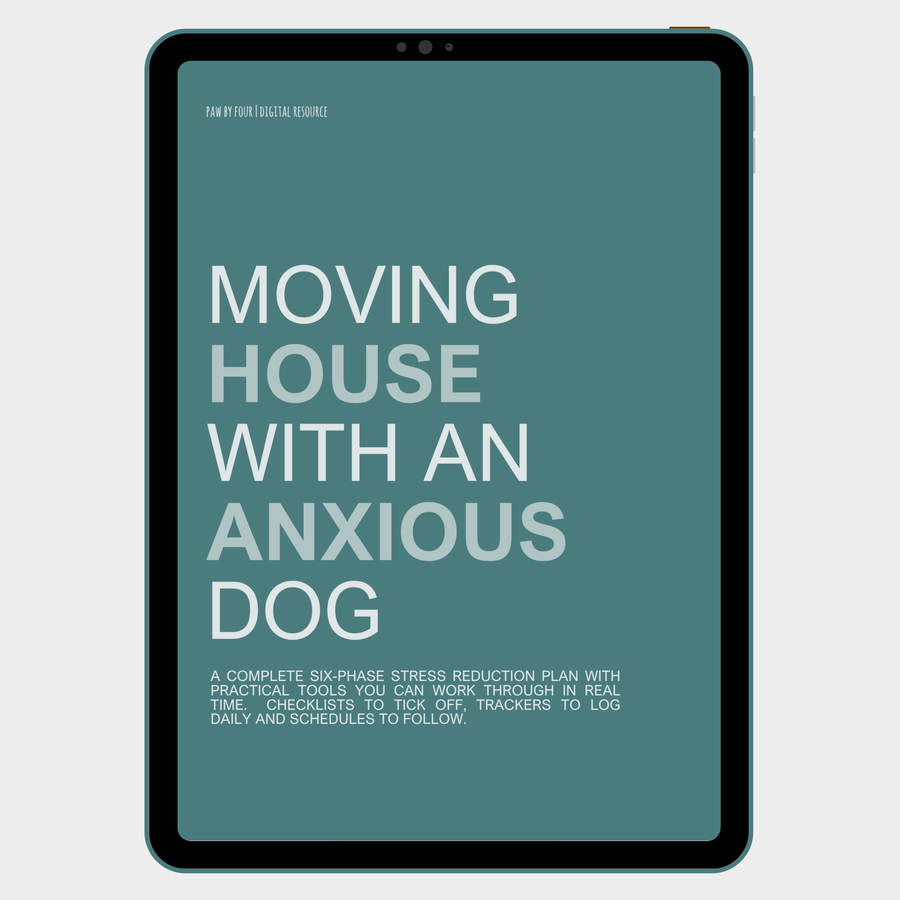Tablet displaying a book cover titled 'Moving House with an Anxious Dog' on a teal background.