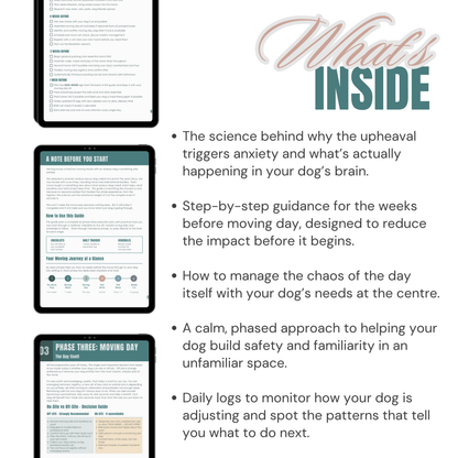 Promotional graphic for a digital product about dog anxiety and moving house, with text and tablet screenshots.
