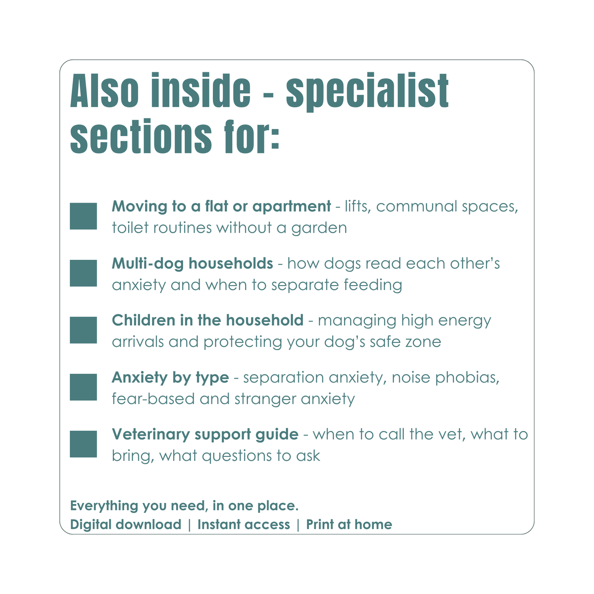 List of specialist sections featured in a guide on dog behavior during a house move