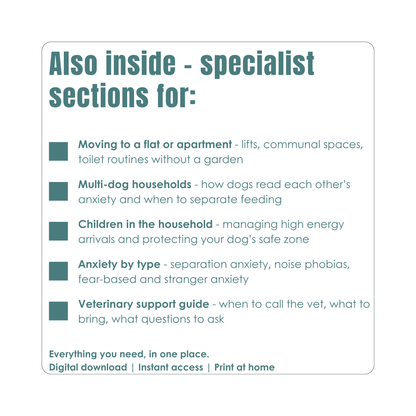 List of specialist sections featured in a guide on dog behavior during a house move