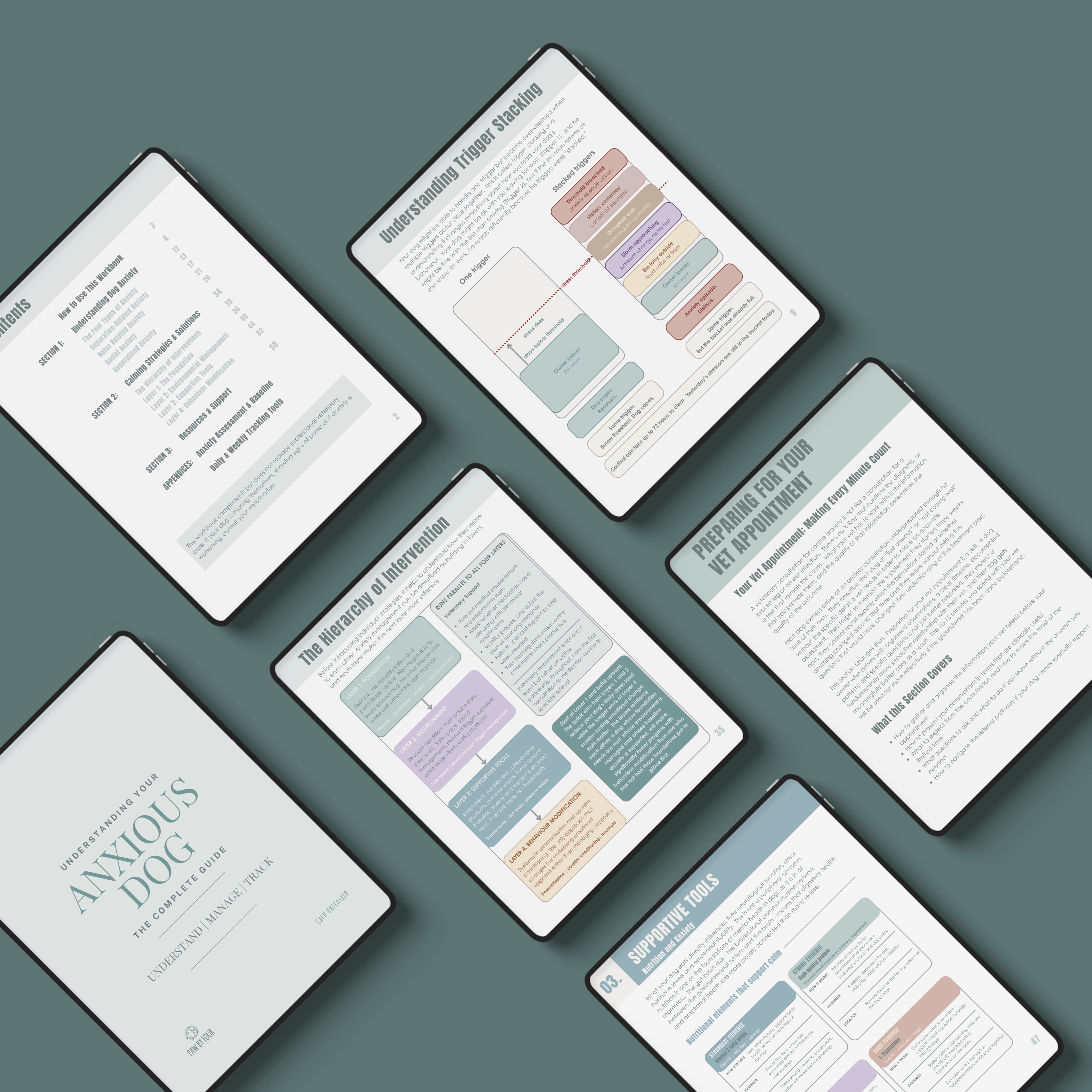 Multiple digital devices displaying text and pages from a guide on Understanding your Anxious Dog on a green background