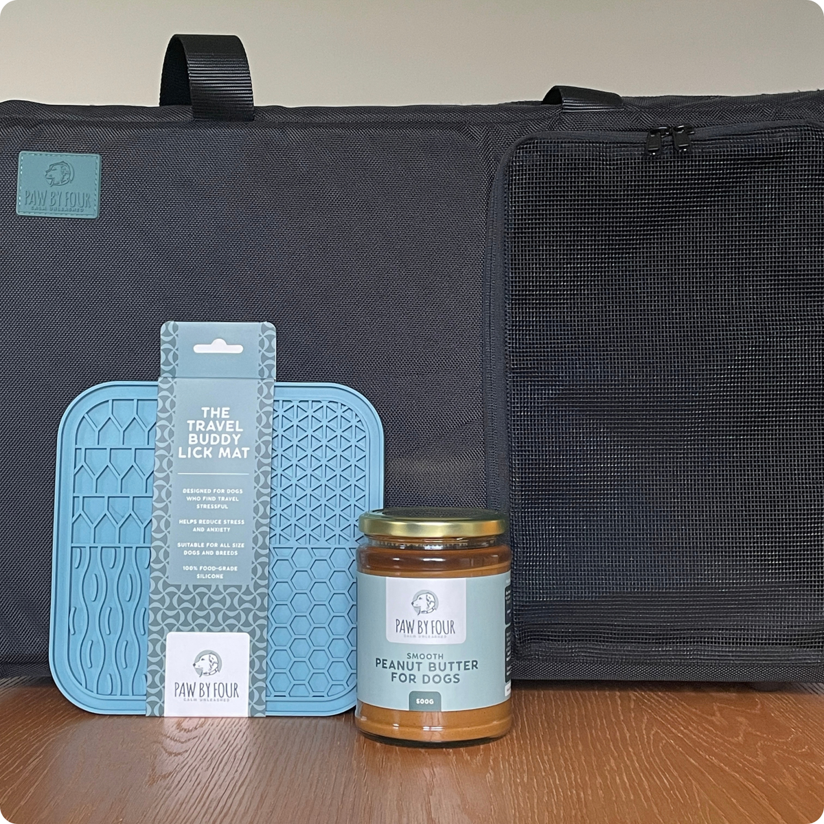 The Quiet Journey Set | Sound-Absorbing Dog Carrier, Travel Buddy Lick Mat + Peanut Butter