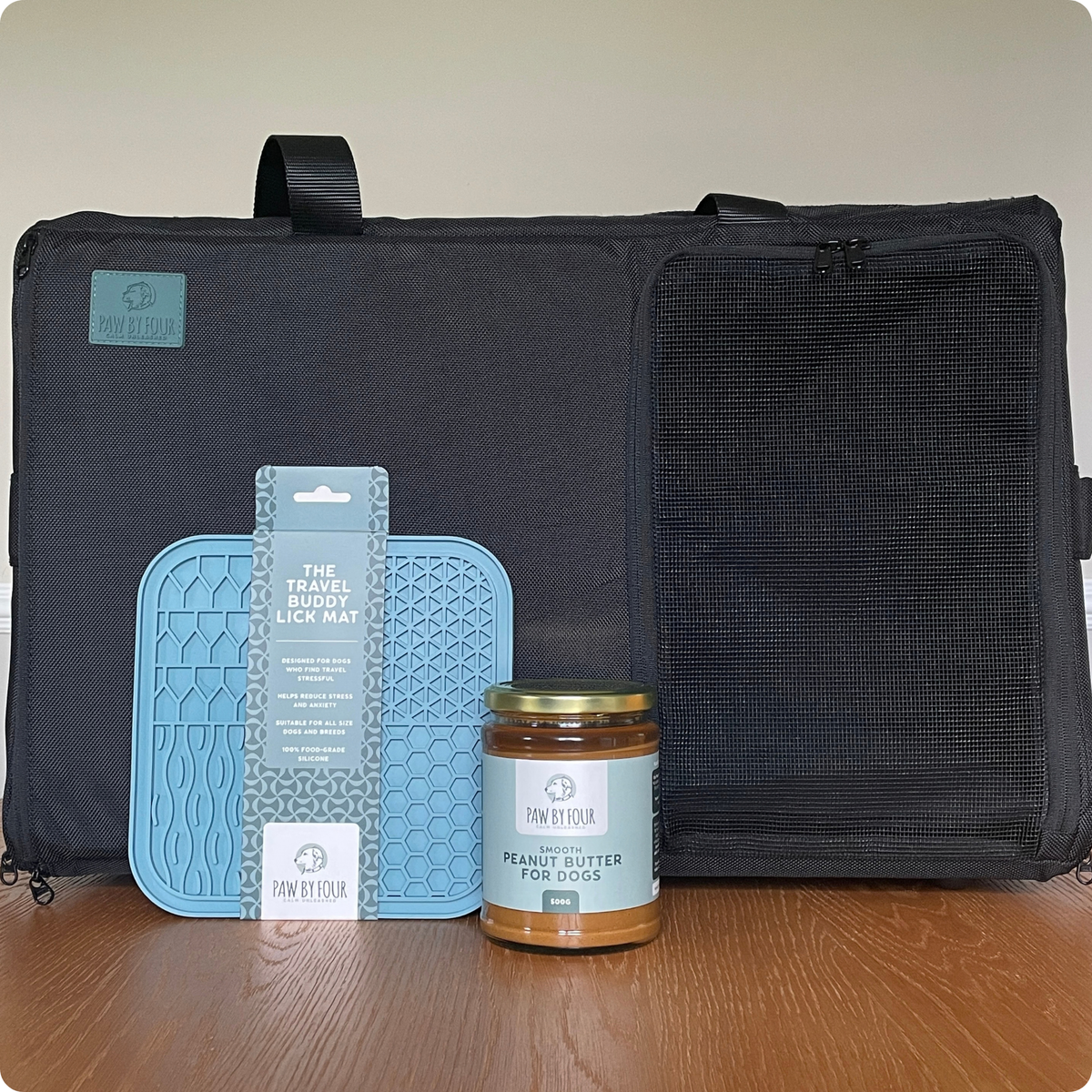 The Quiet Journey Set | Sound-Absorbing Dog Carrier, Travel Buddy Lick Mat + Peanut Butter