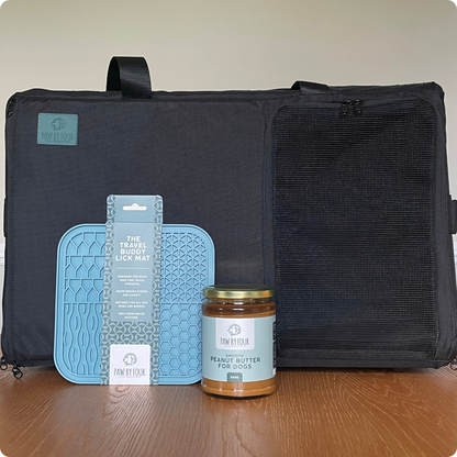 The Quiet Journey Set | Sound-Absorbing Dog Carrier, Travel Buddy Lick Mat + Peanut Butter