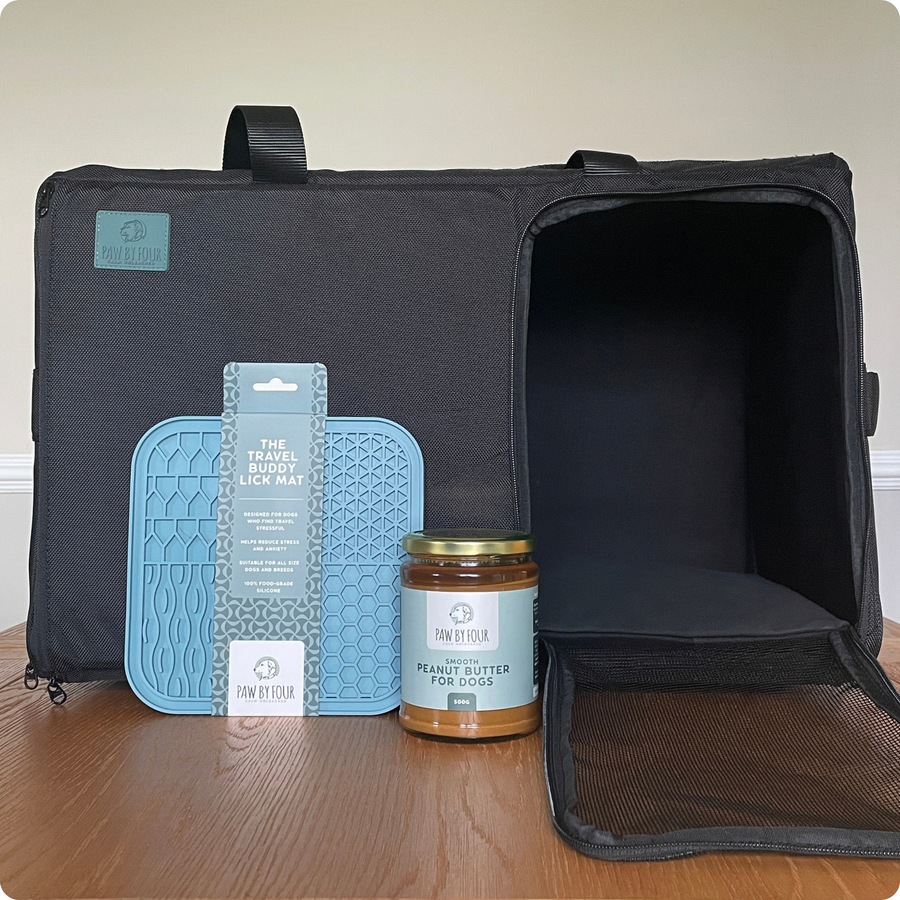 The Quiet Journey Set | Sound-Absorbing Dog Carrier, Travel Buddy Lick Mat + Peanut Butter