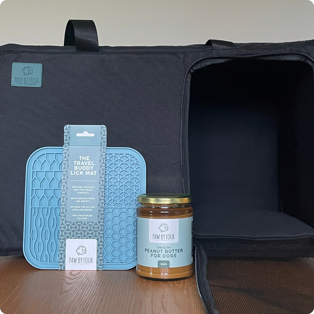 The Quiet Journey Set | Sound-Absorbing Dog Carrier, Travel Buddy Lick Mat + Peanut Butter