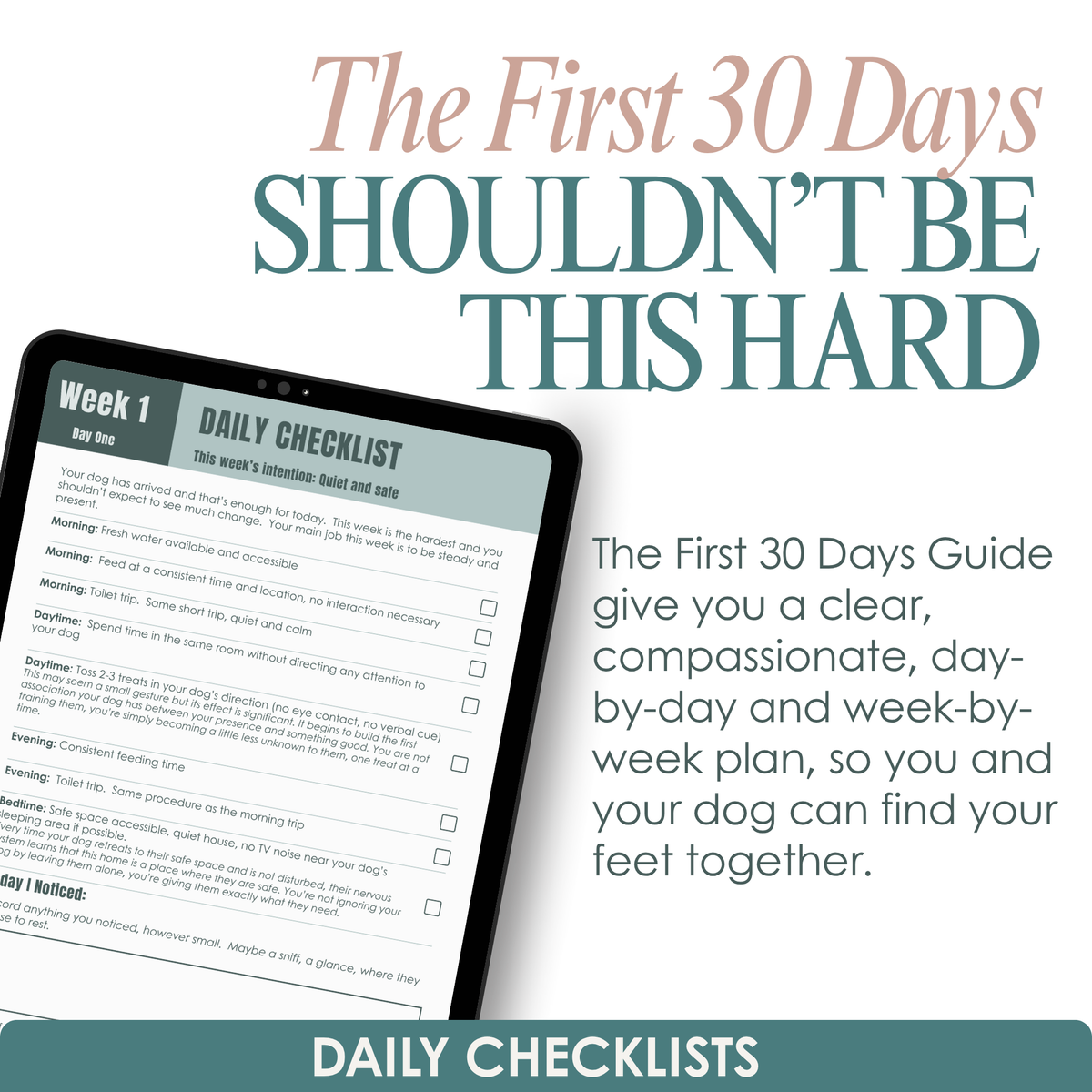 Digital tablet displaying a daily checklist with text about a guide for the first 30 days with a dog by Paw by Four.
