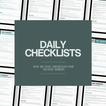 Collection of daily checklists with a central green box labeled 'Daily Checklists' part of Your Rescue Dog's First 30 Days Guide by Paw by Four.