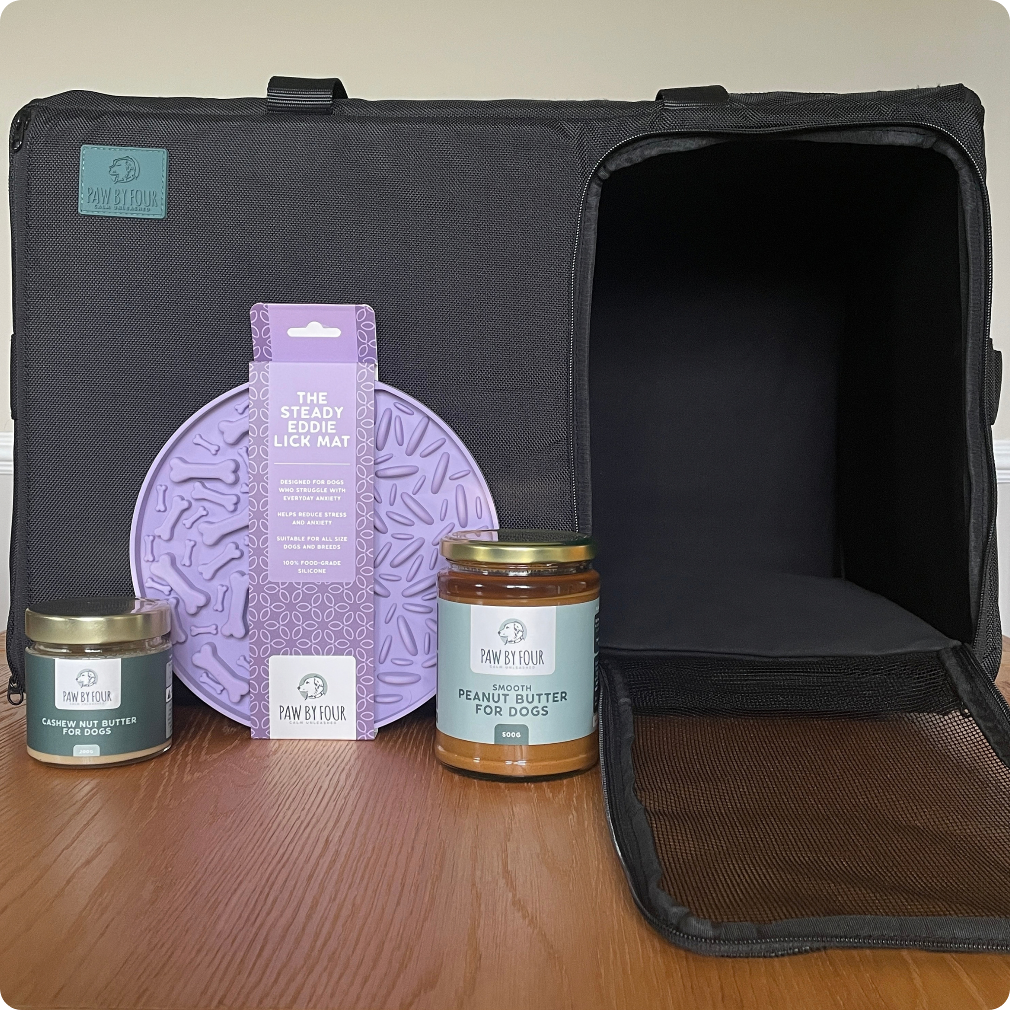 The Safe Space Set | Sound-Absorbing Dog Den, Steady Eddie Lick Mat + Peanut & Cashew Butters