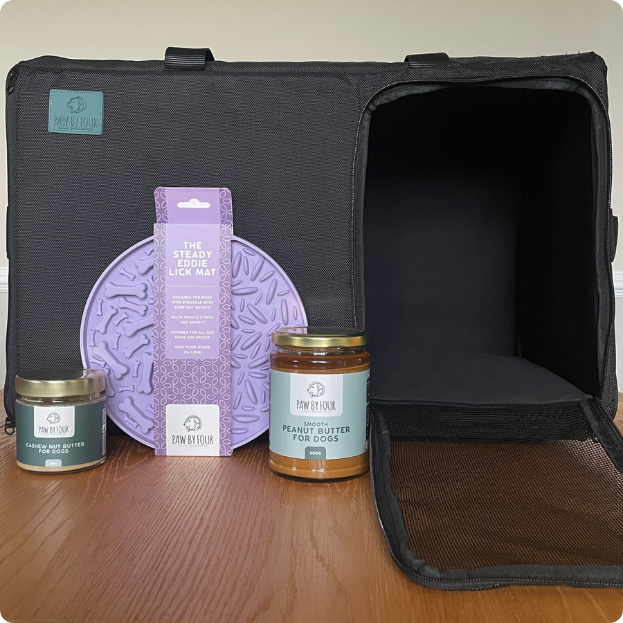 The Safe Space Set | Sound-Absorbing Dog Den, Steady Eddie Lick Mat + Peanut & Cashew Butters