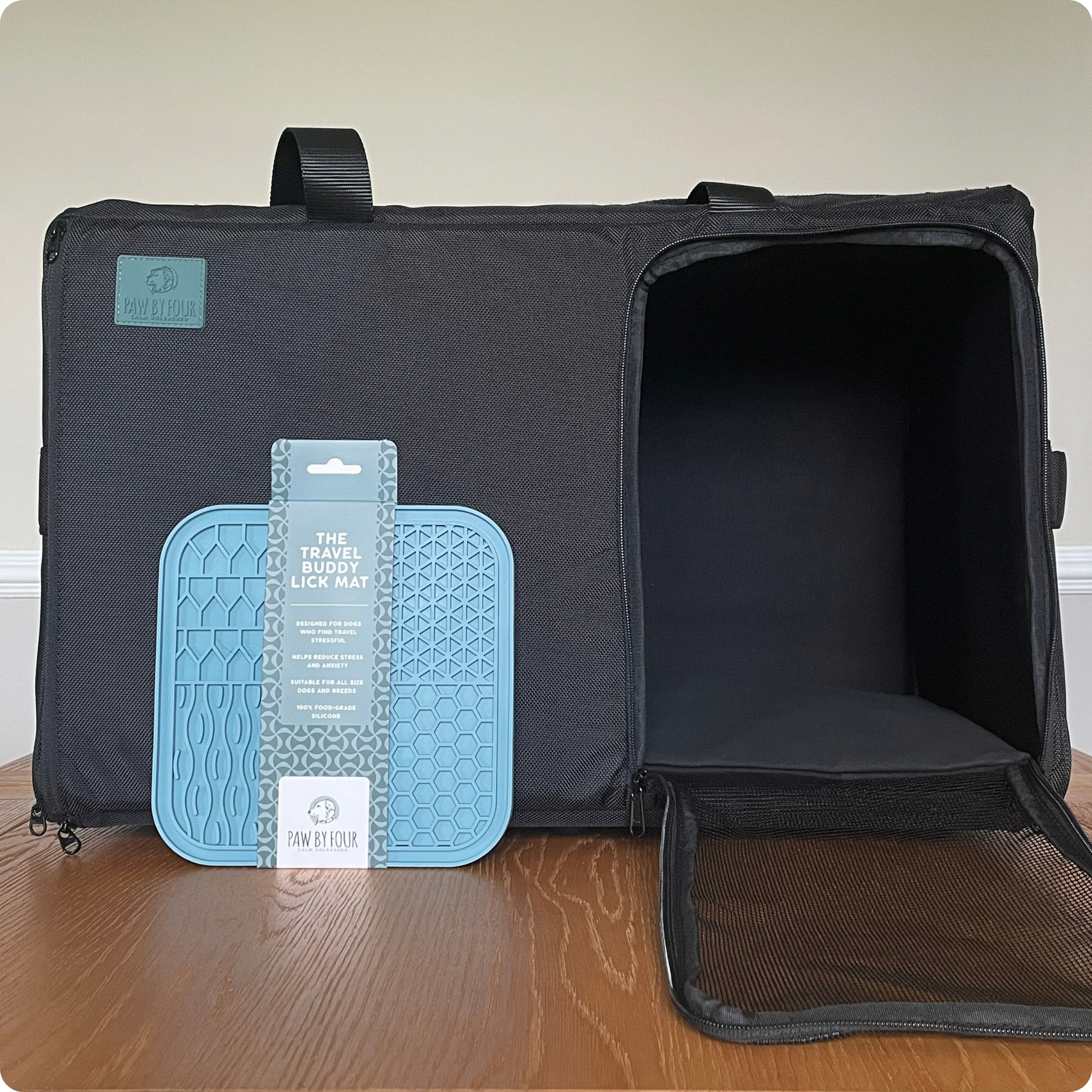 KalmDen Travel Set | Sound-Absorbing Dog Carrier + Travel Buddy Lick Mat