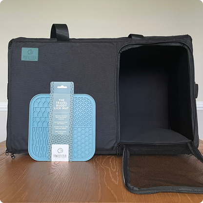KalmDen Travel Set | Sound-Absorbing Dog Carrier + Travel Buddy Lick Mat
