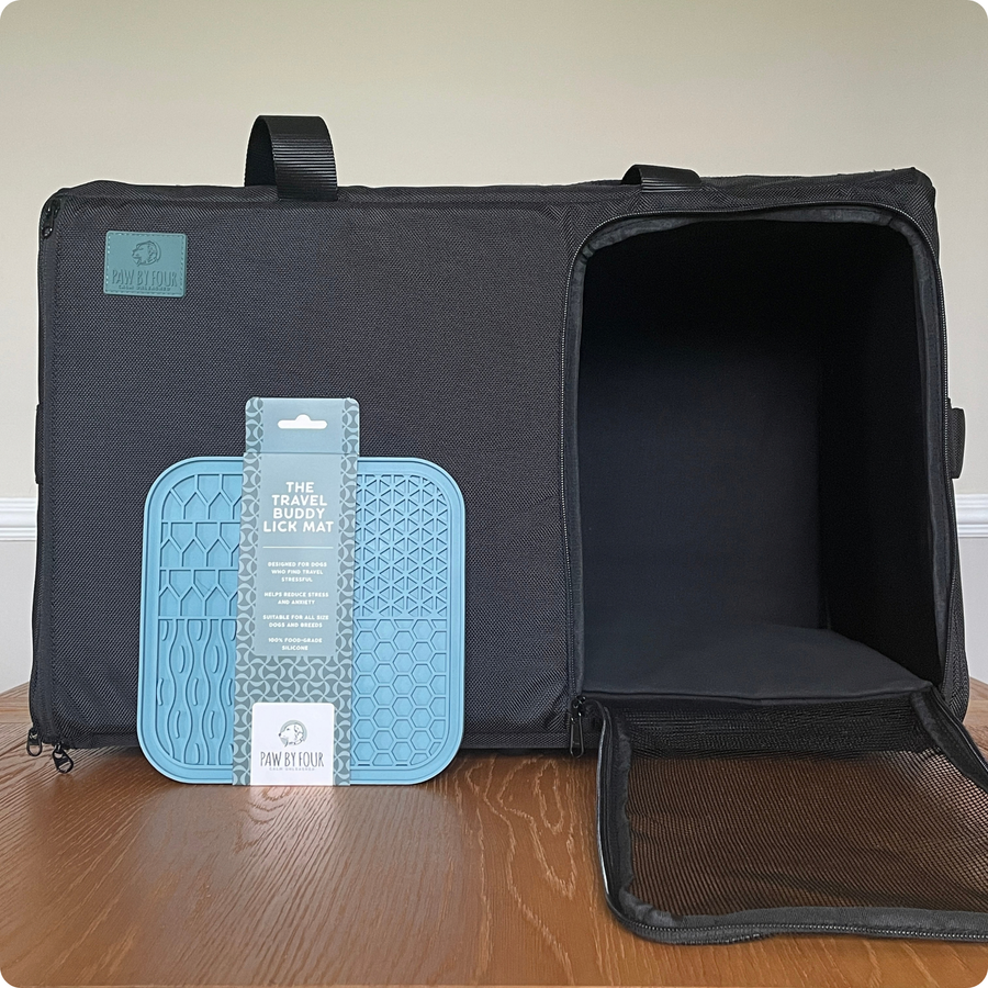KalmDen Travel Set | Sound-Absorbing Dog Carrier + Travel Buddy Lick Mat