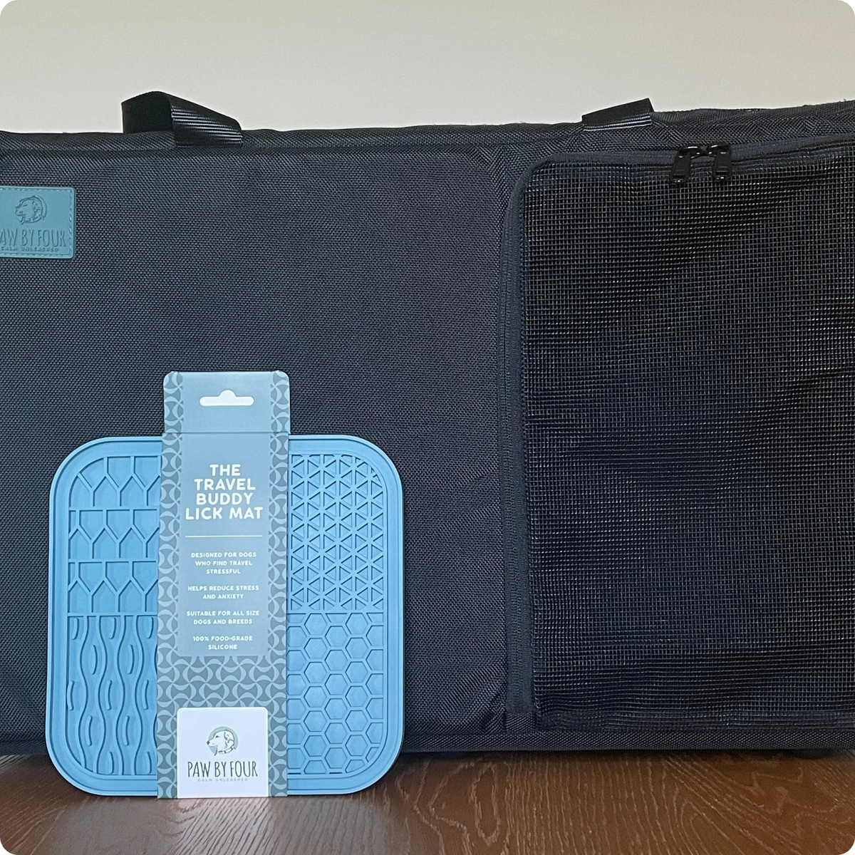 KalmDen Travel Set | Sound-Absorbing Dog Carrier + Travel Buddy Lick Mat
