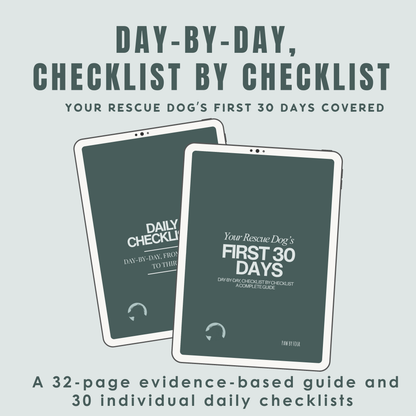 Two tablets displaying a daily checklist for a rescue dog's first 30 days on a light gray background.